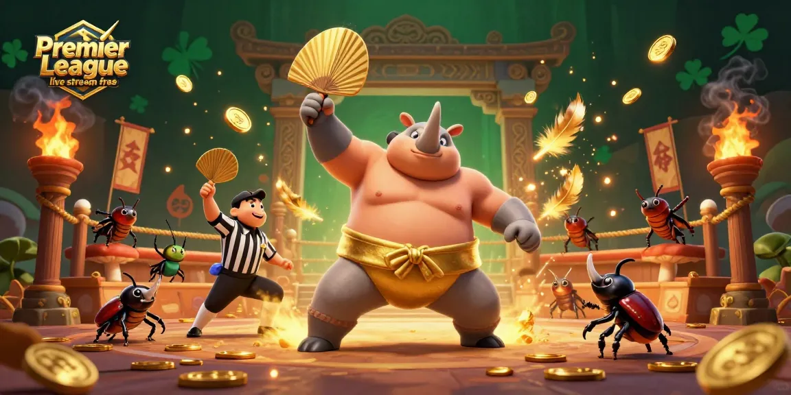Bet on Premier League live stream free with exciting animated beetles in a vibrant casino scene.