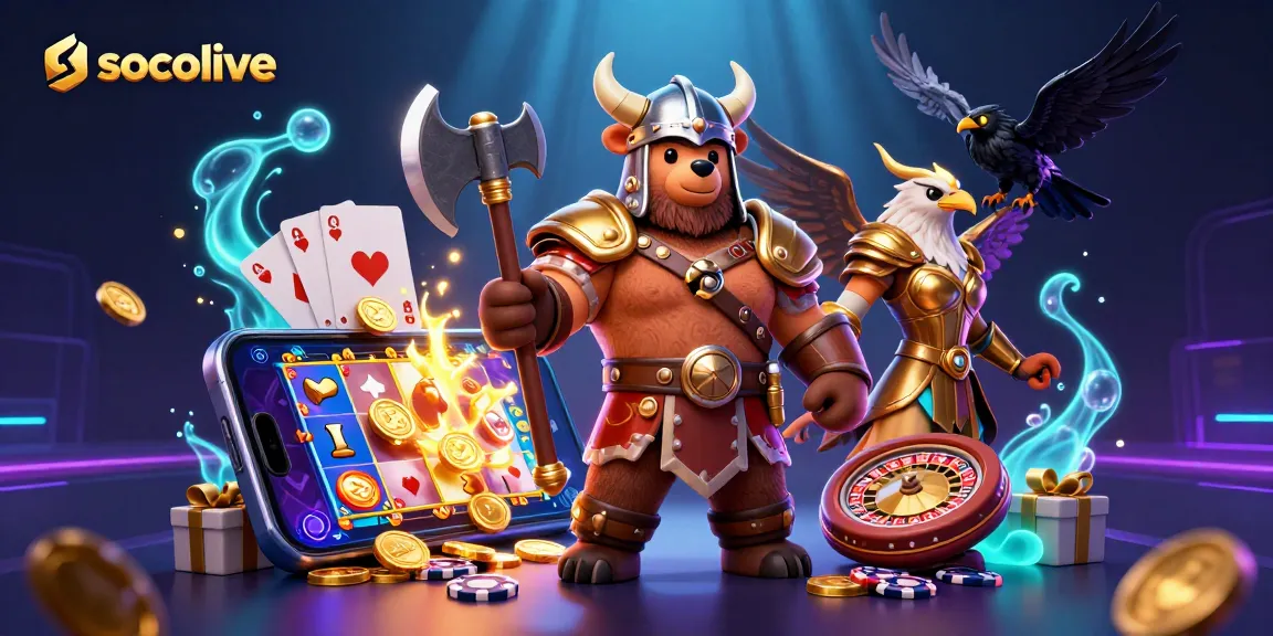 Socolive immerses players in thrilling virtual slots featuring cartoon Viking characters, vibrant colors, and dynamic gameplay.