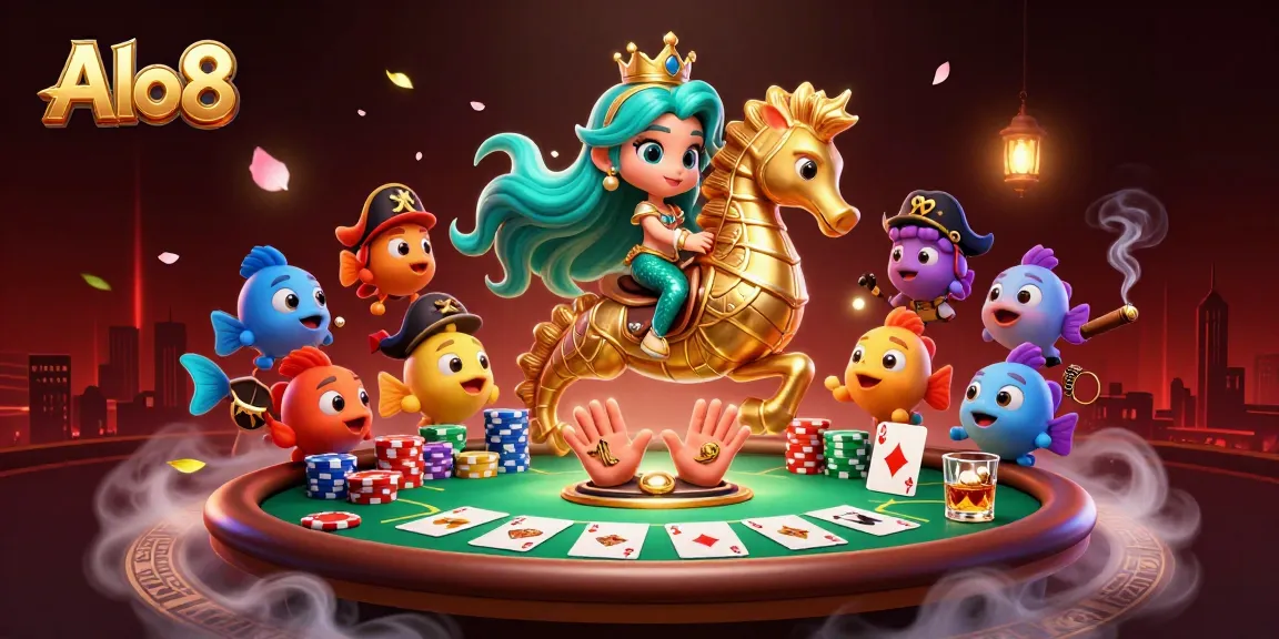 Alo8 brings excitement with a mermaid poker scene featuring vibrant characters and casino elements.