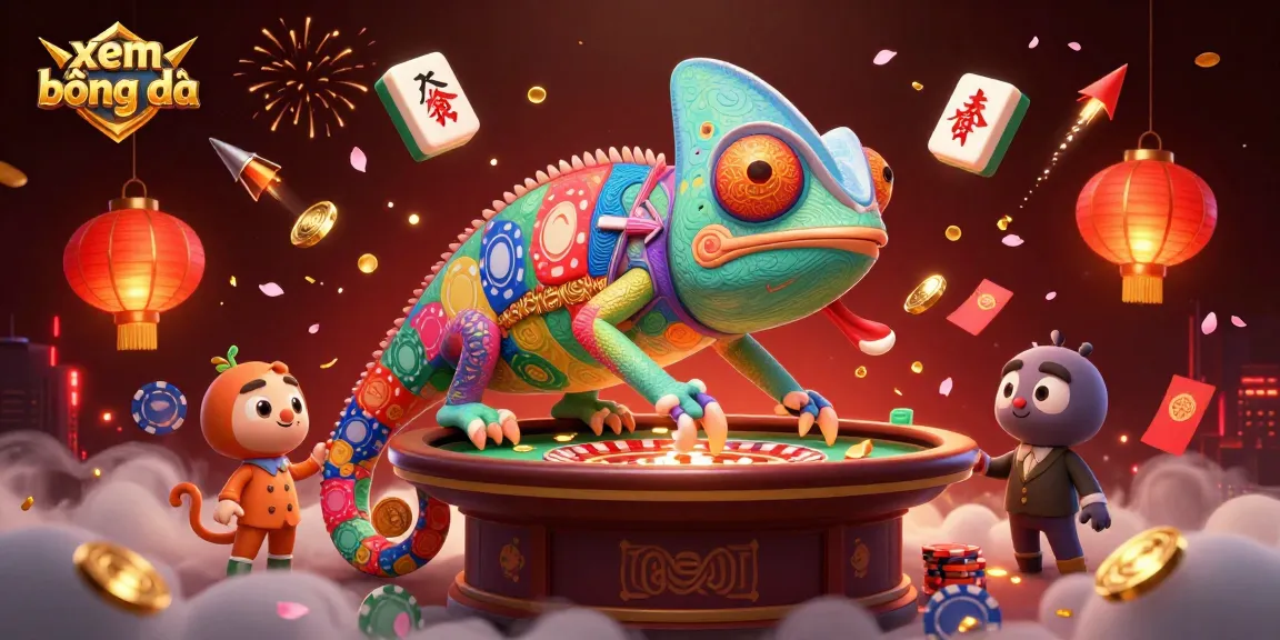 Experience xem bóng đá with vibrant casino elements featuring a chameleon owner and mahjong tiles