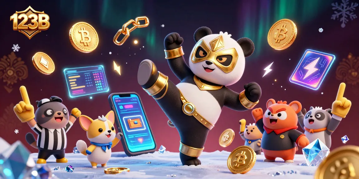 Engage in thrilling betting action at 123B as a panda wrestler executes a flying kick amidst a festive crypto scene.