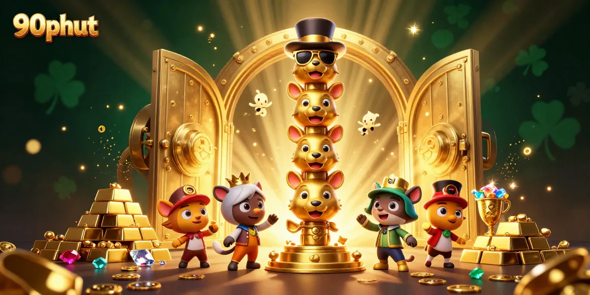 A dynamic scene featuring 90phut's golden totem pole surrounded by gambling treasures and vibrant effects.