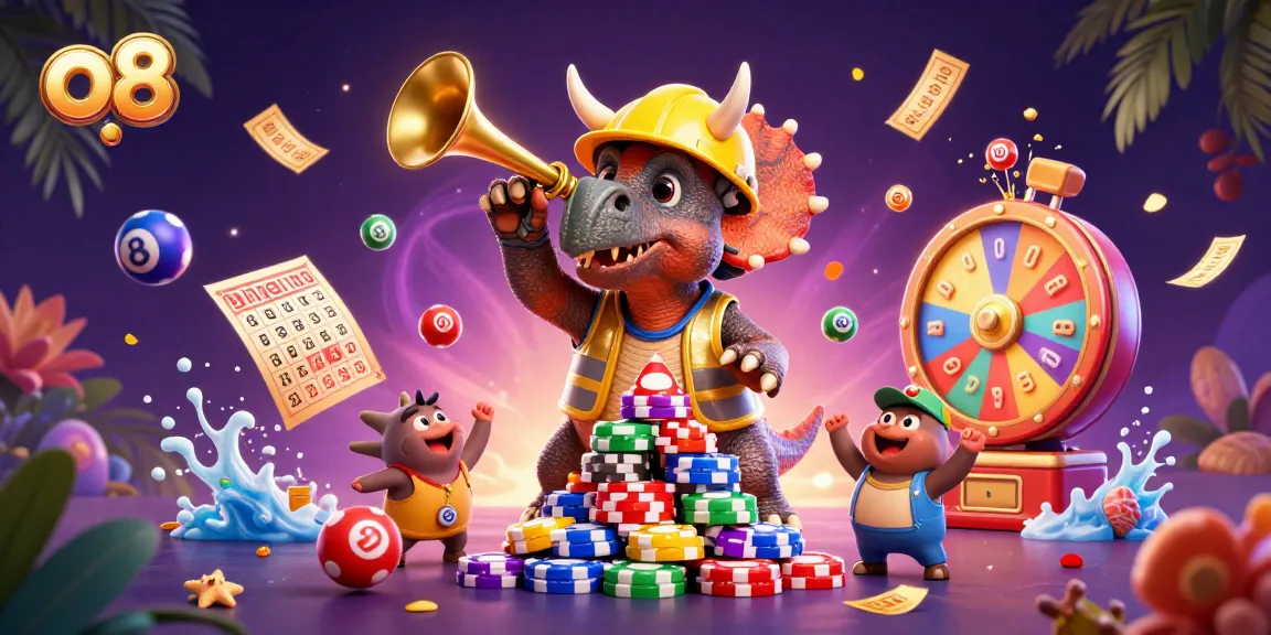 o8 engages players with vibrant 3D casino-themed illustration of joyful dinosaurs and dynamic lottery elements.