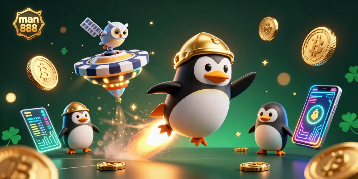 Experience exciting wins with man 888, featuring a golden penguin in a dazzling casino space scene.