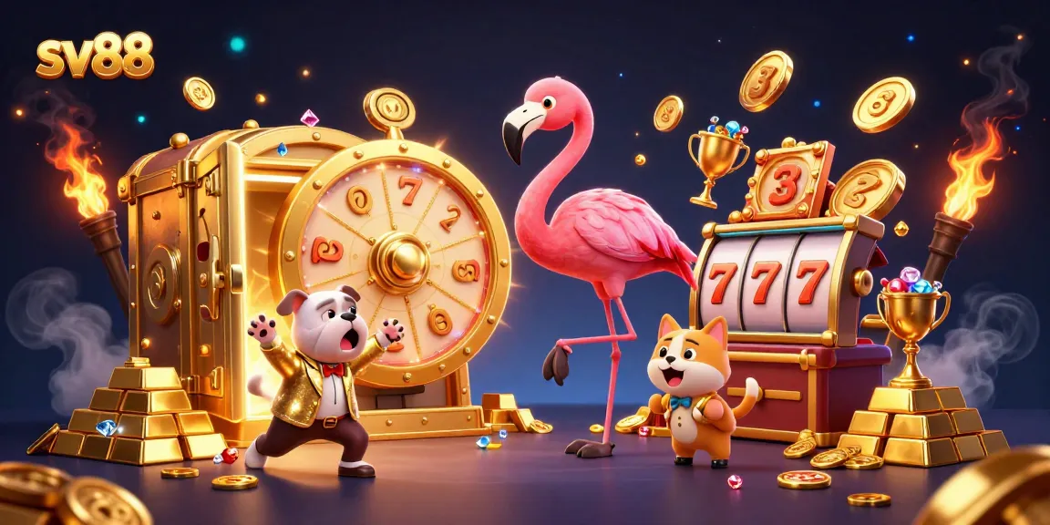 Experience thrilling casino action with sv88 as a playful flamingo hosts a prize wheel game, showcasing vibrant gold treasures.