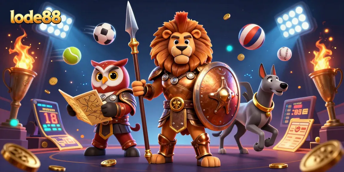 Lode88 showcases a dynamic gambling scene featuring a Spartan lion, tactical owl, and greyhound amidst sports betting excitement.