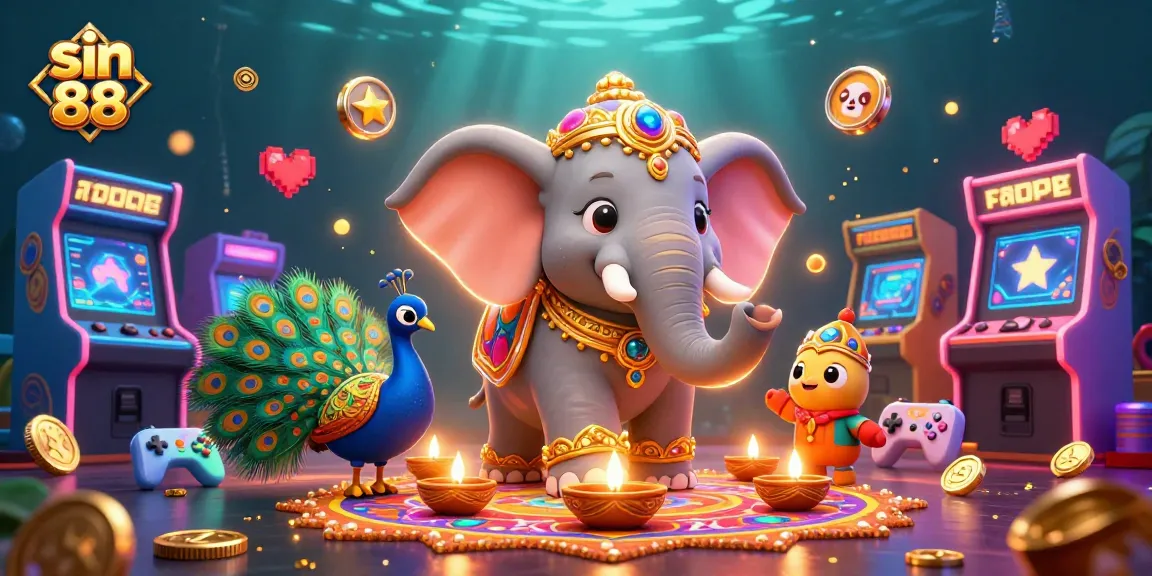 Experience the excitement of sin 88 in this vibrant casino-themed illustration with a Diwali elephant and gaming elements.
