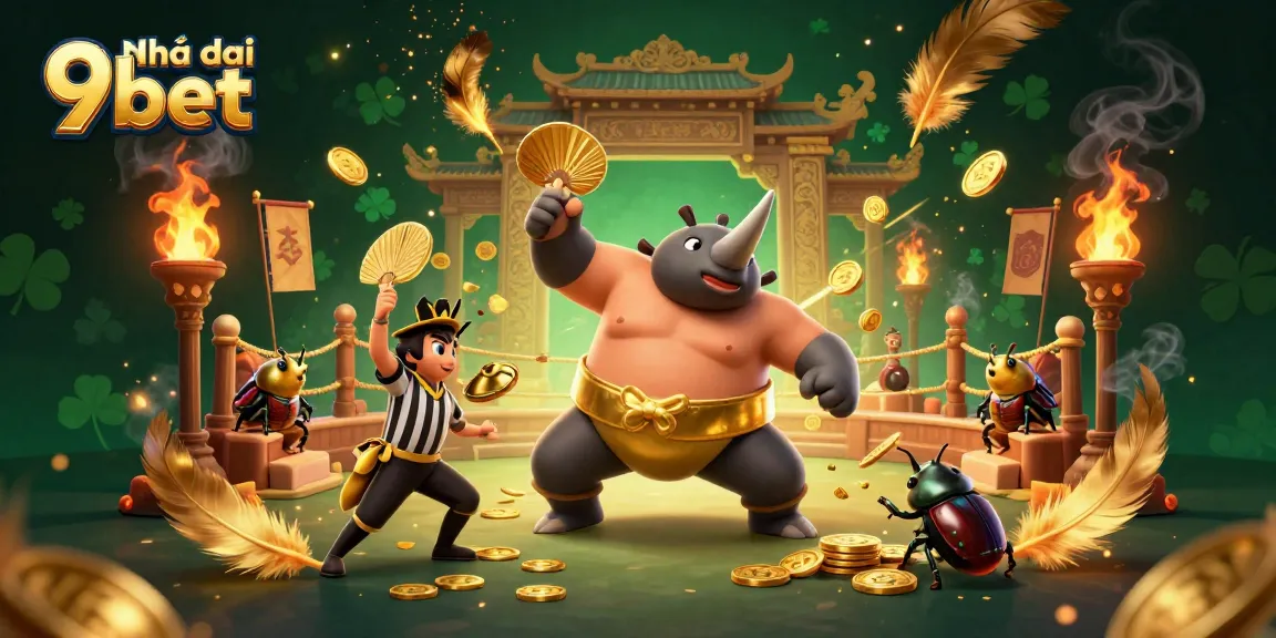 Experience thrilling gameplay at Nhà cái 9bet with a sumo champion beetle, gold coins, and vibrant visuals.
