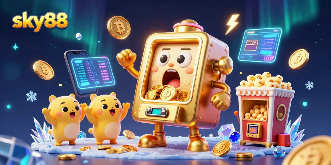 Sky88 slot machine surprises with jackpot coins, surrounded by crypto elements in festive casino atmosphere.