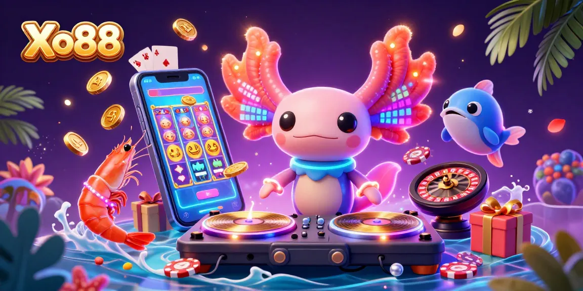 Xo88 showcases a vibrant casino scene with a DJ axolotl and dancing creatures celebrating gambling excitement.