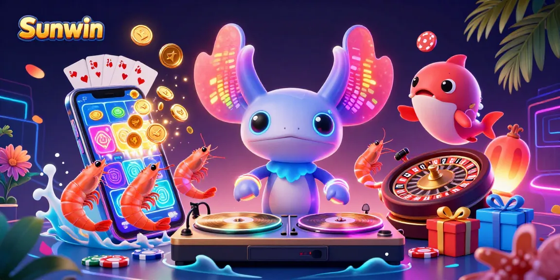 Experience the vibrant energy of Sunwin's dynamic casino scene with cartoon characters and casino games.