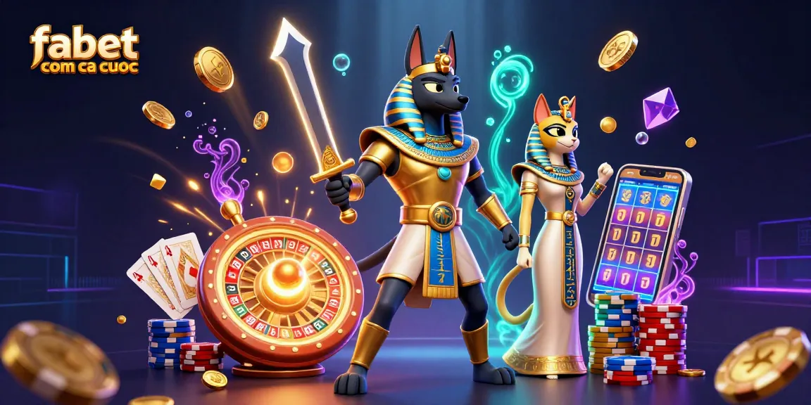 Engage with fabet com ca cuoc in a vibrant casino scene with Anubis and Bastet emphasizing winning strategies.