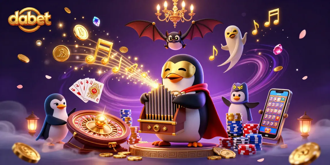 dabet brings excitement to slots with a vivid 3D illustration of a penguin organist amidst cascading coins and gems.