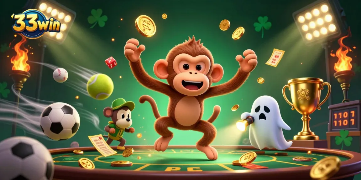 33win presents a lively casino scene with a playful poltergeist monkey and a ghost-hunter puppy, showcasing sports balls and golden prizes.