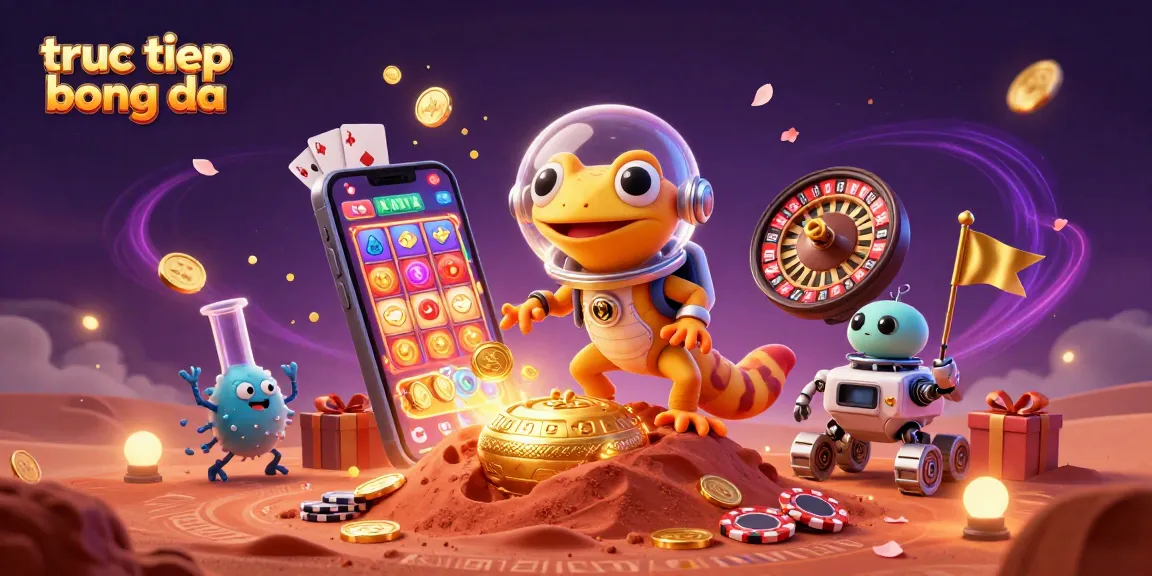 Experience truely stunning truc tiep bong da action with a colorful slot game, a cartoon Martian gecko, and golden casino treasures.