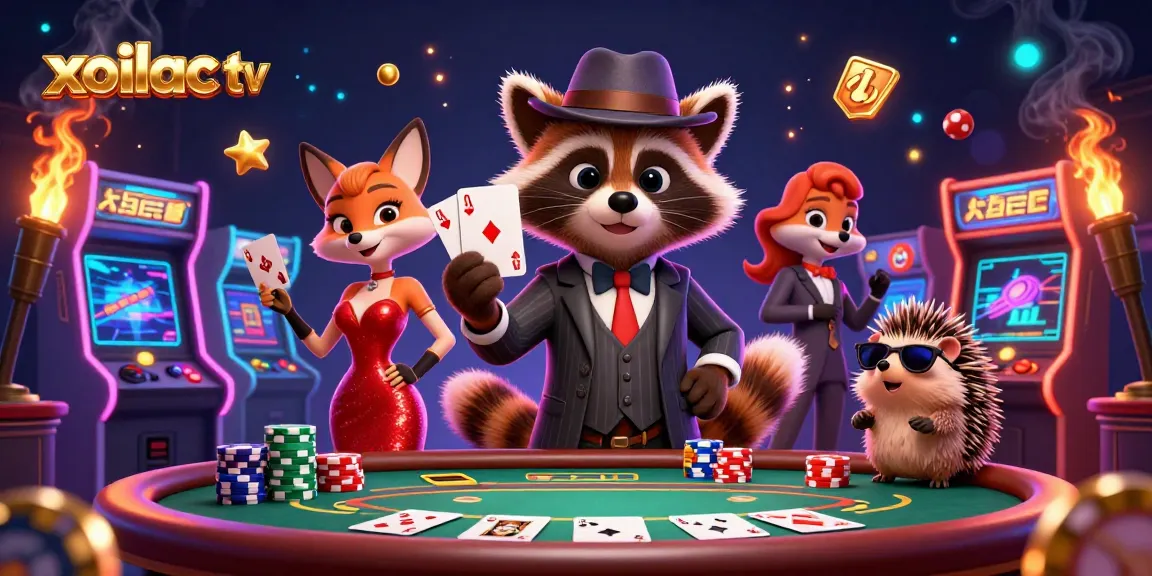 Experience the thrill of xoilac tv with raccoon and friends winning at poker in a vibrant gaming scene.