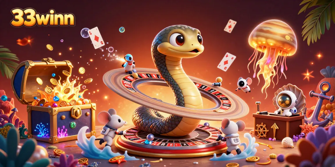 Bet on the vibrant 33winn planet scene featuring astronaut mice, roulette, and cosmic dealer.
