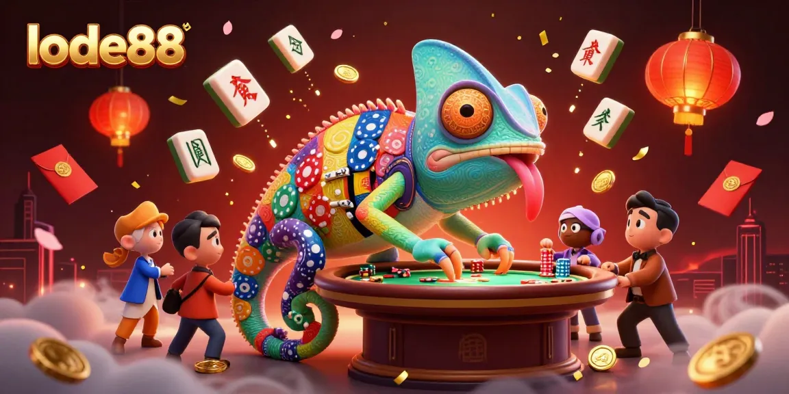 Experience the excitement at lode88 with a vibrant casino scene showcasing a colorful chameleon owner.