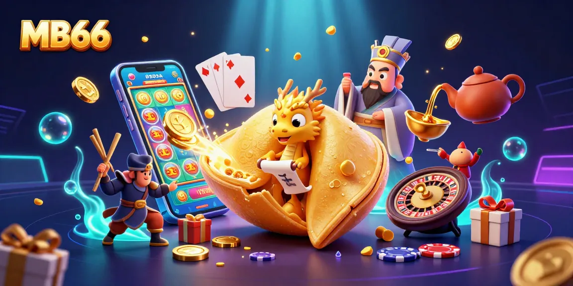 Experience the thrilling world of MB66 casino with a dynamic illustration showcasing fortune cookies, dragons, and gaming excitement.