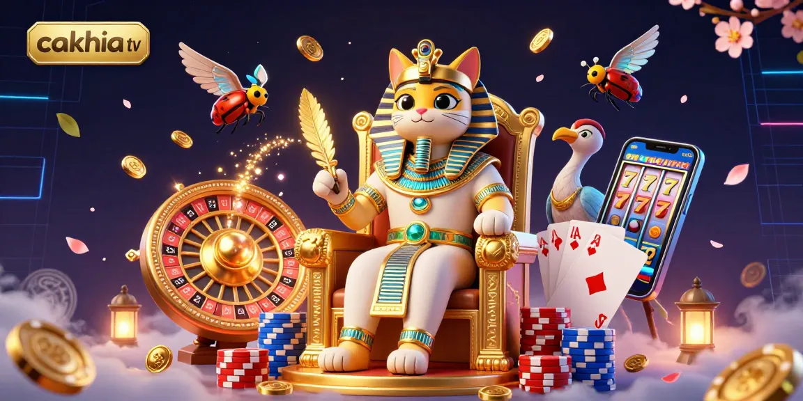 Cakhia tv showcases an exciting 3D scene with dynamic coins, playing cards, and the Egyptian pharaoh cat amidst thrilling casino elements.