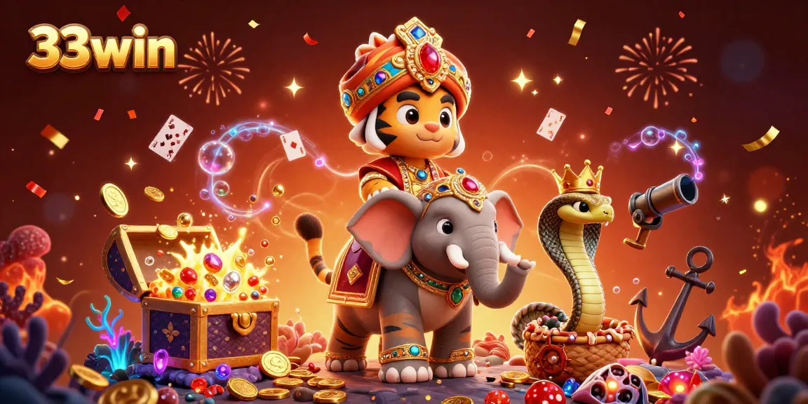 Engage with 33win's vibrant casino scene featuring an elephant-riding tiger and a jewel-filled underwater world.