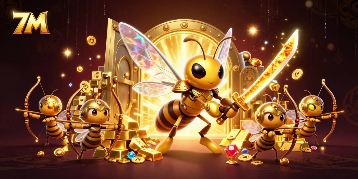 Bet on dynamic 7M action with golden hornets and treasures in a vibrant casino scene.