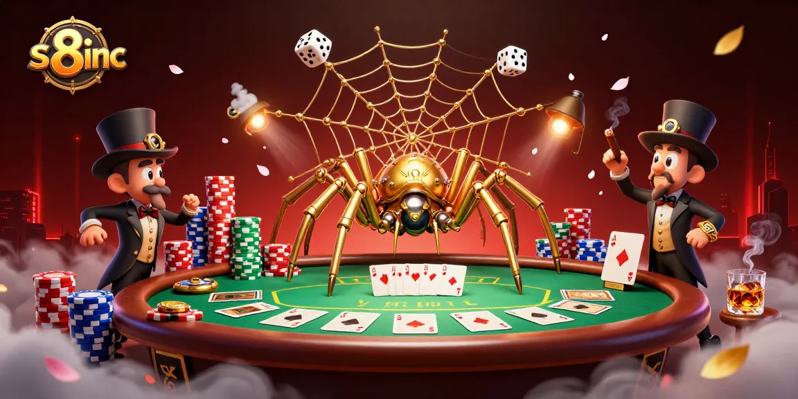 Experience thrilling games at s8inc with a vibrant steampunk-themed 3D illustration of poker action.