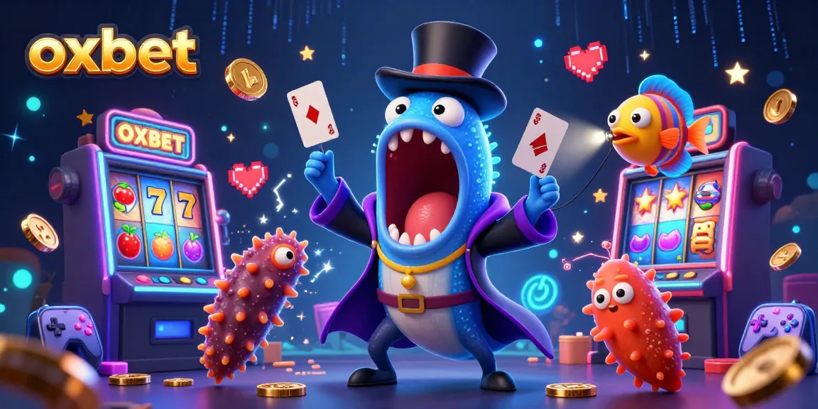 Engage with oxbet's thrilling slot games illustrated with vibrant characters and casino elements, showcasing excitement.