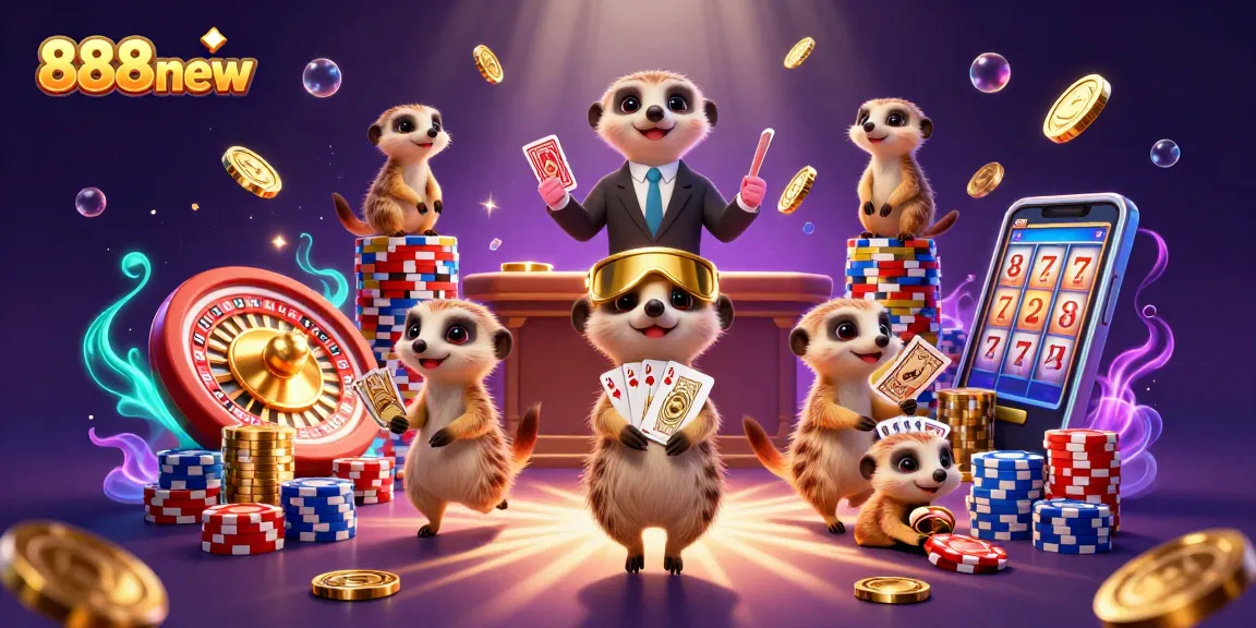 Play exciting games at 888new with captivating meerkats running a vibrant casino operation showcasing colorful chips and dynamic elements.