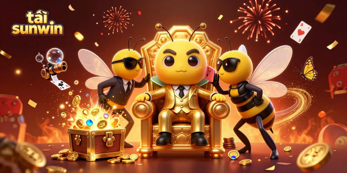 Tải sunwin with a bumblebee mob boss in a casino-themed scene full of gold coins and fireworks.