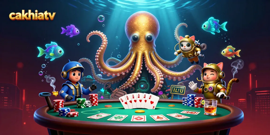 Engage with cakhiatv's vibrant scene featuring a kraken, vintage cat diver, and poker dynamics.