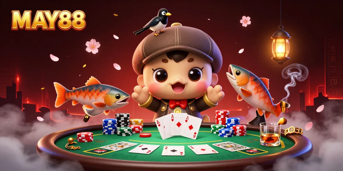 MAY88 showcases a lively 3D cartoon scene featuring Nessie with poker elements, maximizing your gaming excitement
