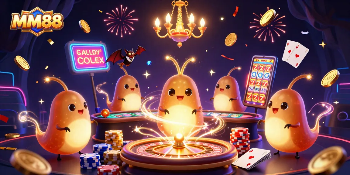 Engage with MM88 in a vibrant casino scene lit by glowworms, showcasing exciting gaming elements.