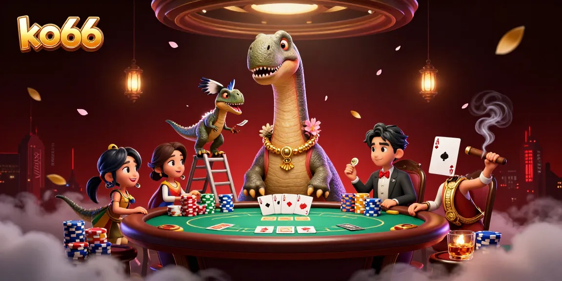 ko66 engages players with a vibrant poker scene featuring a brontosaurus dealer.