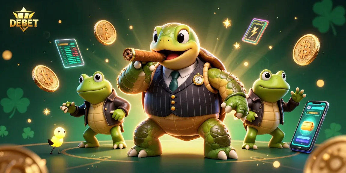 Join DEBET at the casino with a turtle mobster surrounded by crypto coins and dynamic gaming elements.