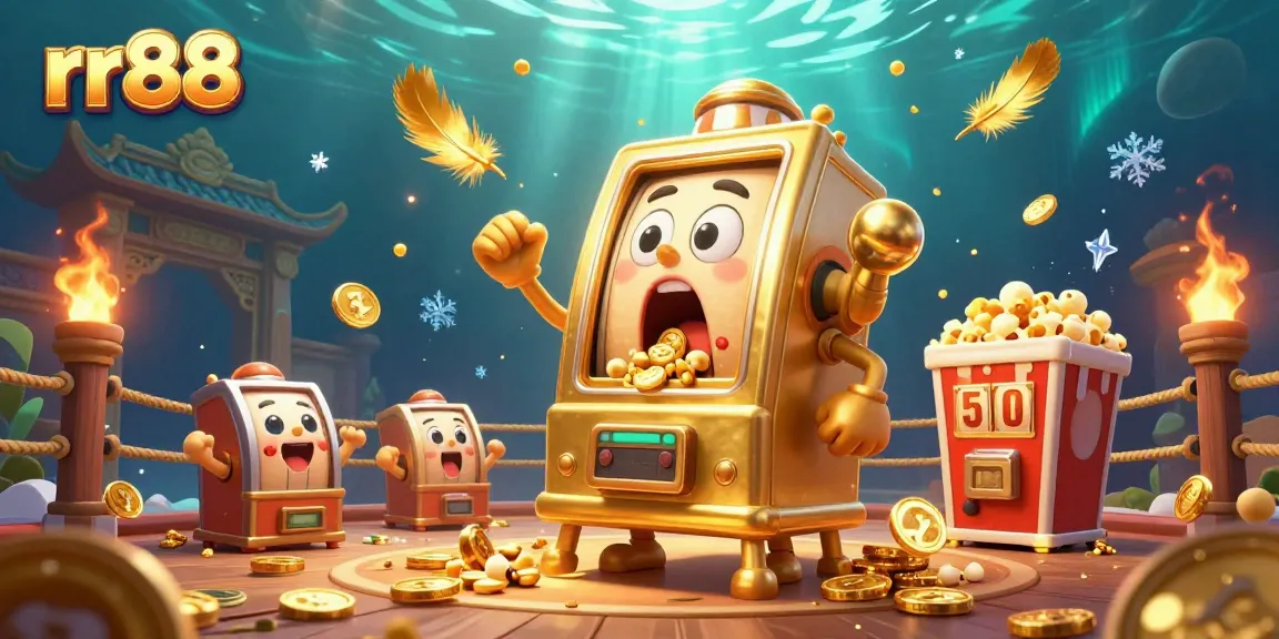 rr88 slot machine hits jackpot, surrounded by cheering baby slots and golden coins.