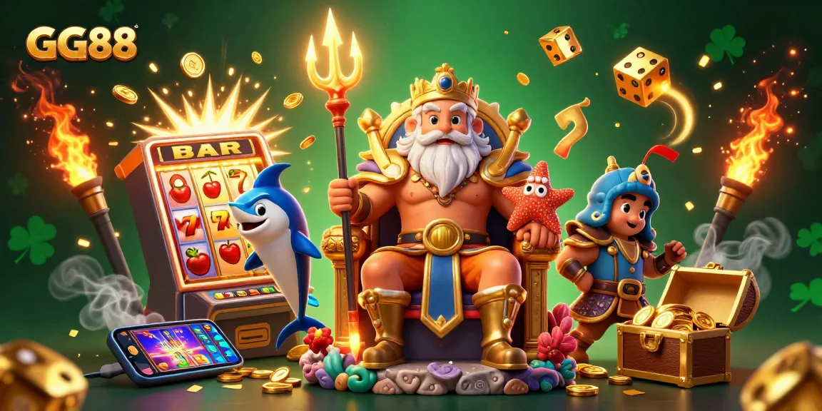 Experience exciting gameplay at GG88 with Neptune and treasures in this vibrant casino scene.