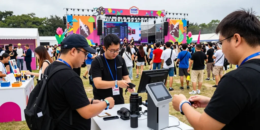 Effortless access control with pulseras electrónicas para eventos at a lively festival showcasing vibrant activities and attendee engagement.