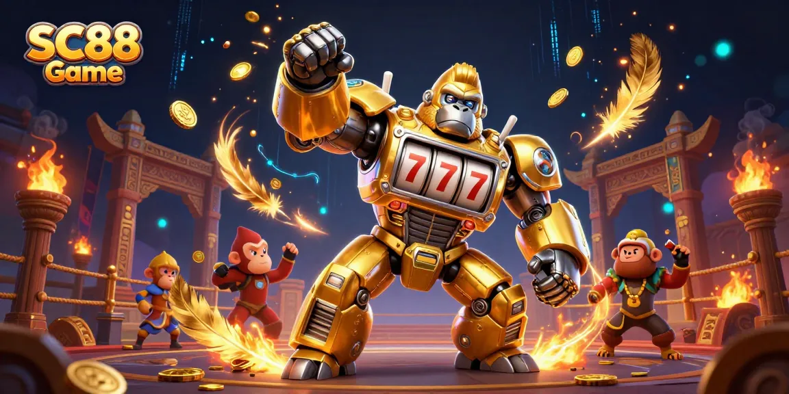 Engage in thrilling SC88 Game action with our dynamic golden gorilla mech illustration showcasing intense casino excitement.