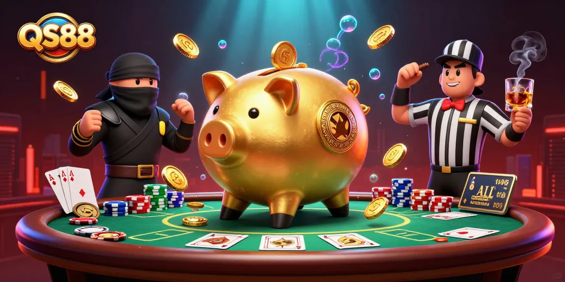 Experience QS88's thrilling atmosphere with massive golden coins and poker excitement.