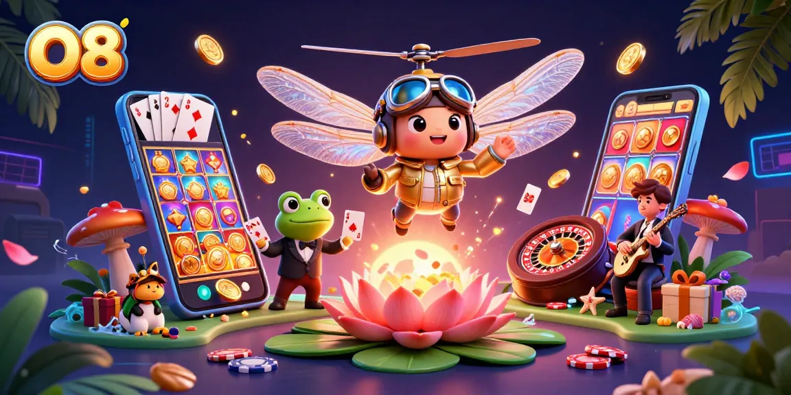 Engage with O8's dynamic gaming scene featuring lively characters and vibrant casino elements.