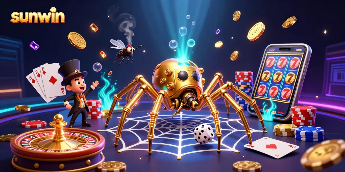 Engage in thrilling gameplay at sunwin with a steampunk spider capturing dice in a rich casino scene.