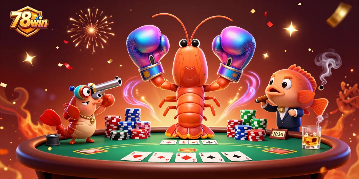 Engage in thrilling gameplay with 78win as mantis shrimp and friends showcase a festive poker scene.