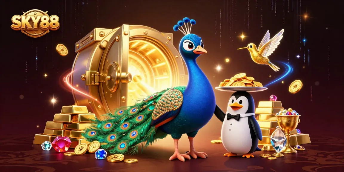 Experience thrilling gambling at SKY88 with vibrant visuals of casino riches and excitement.