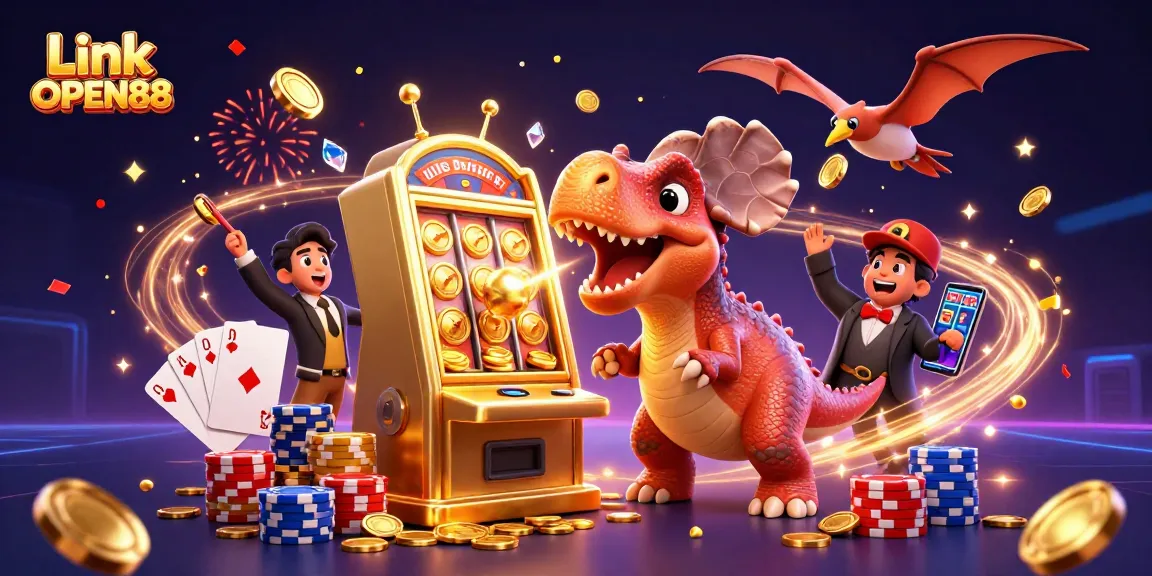 Experience the excitement of Link OPEN88 with a dynamic casino scene featuring animated characters in action.