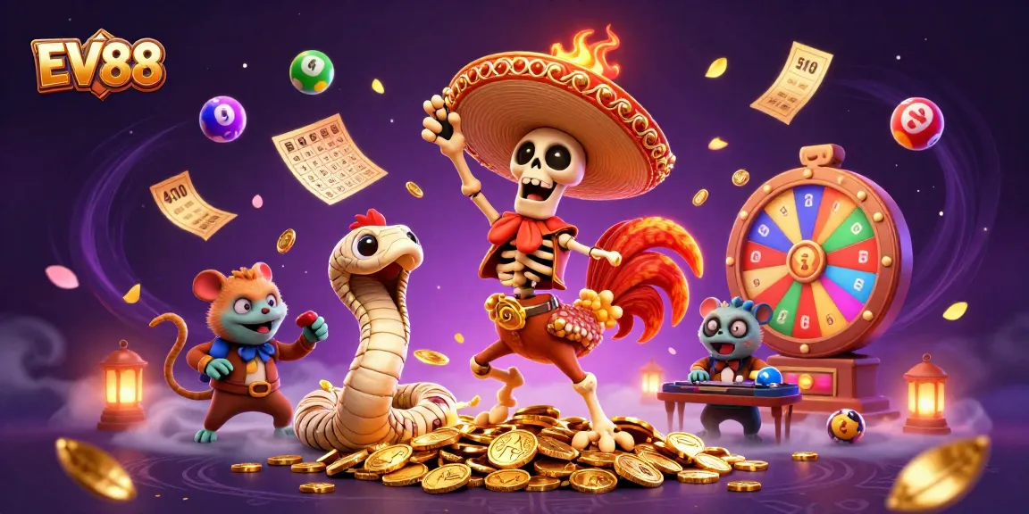 EV88 brings excitement with a mariachi rooster and vibrant casino elements in a captivating dance.