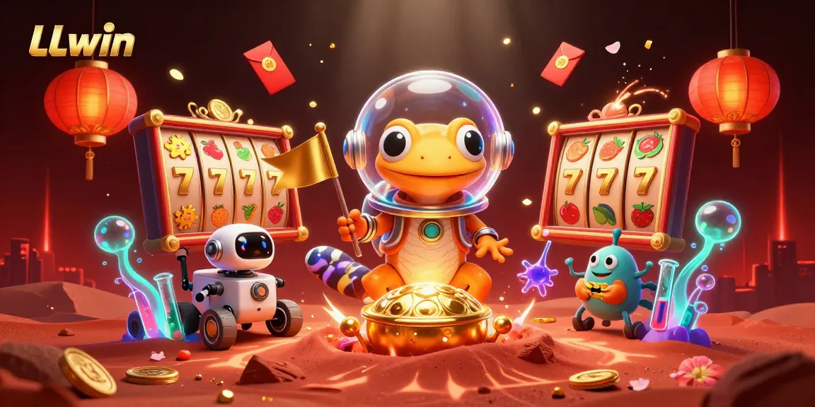 LLwin showcases a Martian gecko exploring a casino amidst golden slots and colorful decorations.