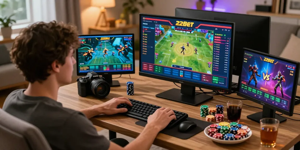 Engaged player using 22Bet for live sports betting in a cozy setting.