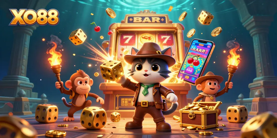 Engage with the exciting world of XO88 as a cartoon explorer discovers treasures in a vibrant casino scene.