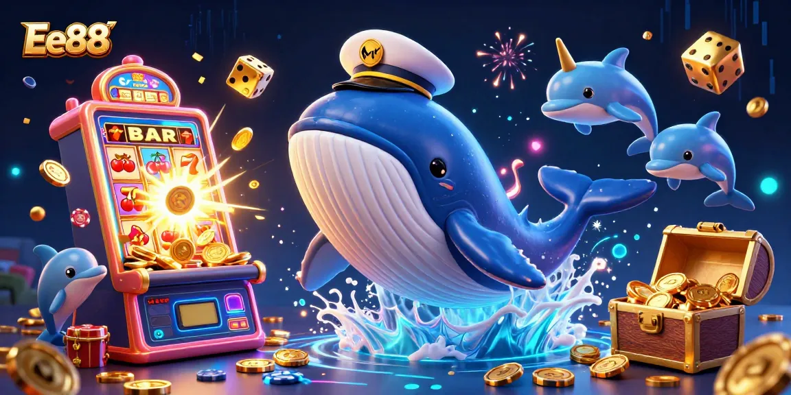 Experience the excitement of Ee88 with a lively 3D scene of a whimsical whale, playful dolphins, and abundant casino treasures.
